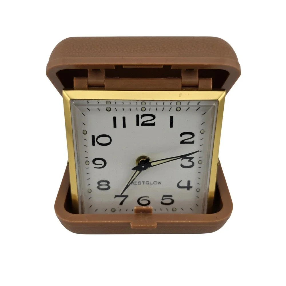 Westclox Vintage Wind-Up Travel Alarm Clock 1960s-70s Brown Case Works
